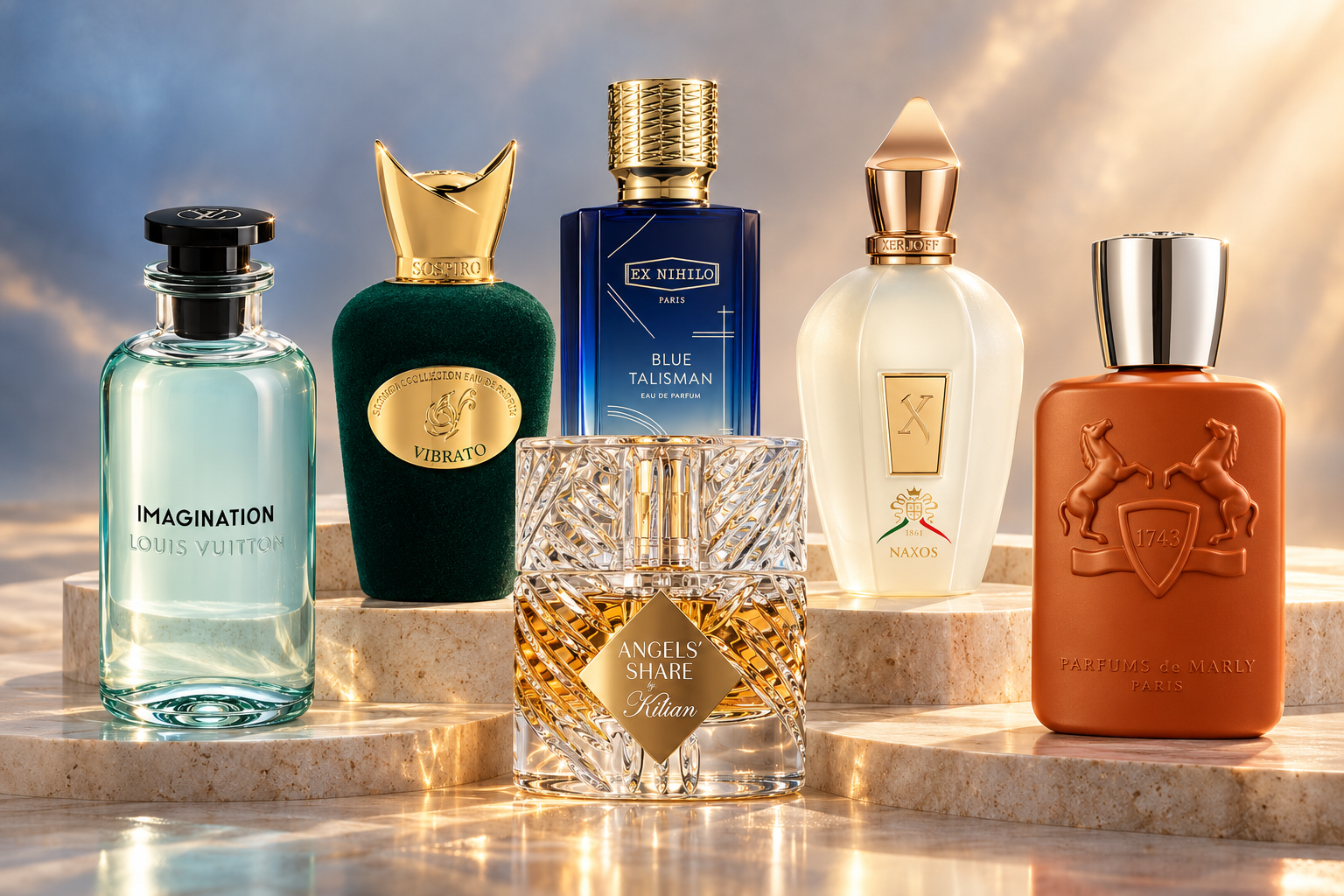 Imagination, Vibrato, Blue Talisman, Naxos, Angels’ Share and Althaïr arranged together in a luminous fragrance display
